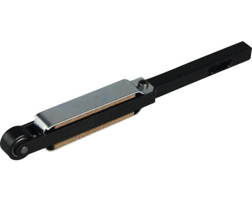 Fensterfeststeller mit Rolle und Reibbelag aus Metall und Kunststoff.