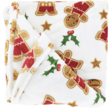 Weiche Plüsch-Weihnachtsdecke mit Motiven von Lebkuchenmännern, Stechpalmen und Sternen.