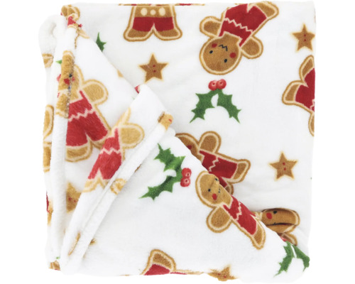 Weiche Plüsch-Weihnachtsdecke mit Motiven von Lebkuchenmännern, Stechpalmen und Sternen.