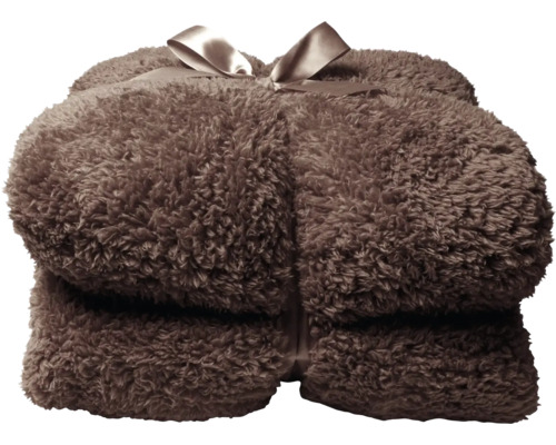 Gefaltete, braune Teddy-Kuscheldecke aus Polyester mit farblich passender Schleife.