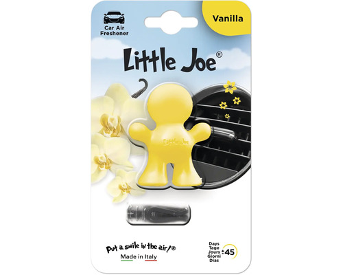 Little Joe Logo. Gelber Autolufterfrischer in Form einer Figur mit Vanilleduft und Clip für das Lüftungsgitter. Haltbarkeit circa 45 Tage.