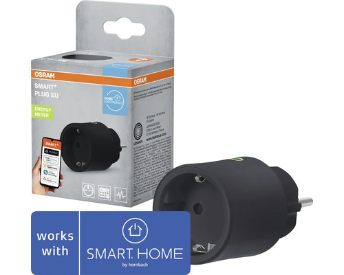 Schwarze Osram Smart+ Plug EU Steckdose mit Energiemessung, inklusive Verpackung und Logo Smart Home by Hornbach.