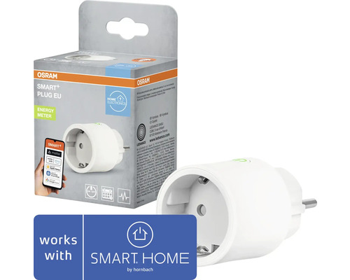 Osram Smart+ Plug EU mit Energiemessfunktion, kompatibel mit SMART HOME by hornbach, inklusive Produktverpackung.
