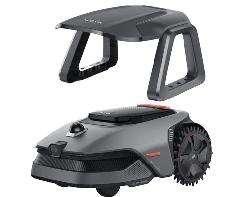 Grauer MOVA Mähroboter mit schwarzem Schutzdach, LiDAR Ultra Sensoren und geländegängigen Profilrädern.