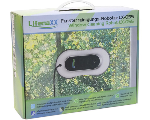 LifenaXX Fensterreinigungs-Roboter LX-055 in Verpackung. Automatisches Sprühsystem mit zwei Düsen für Fenster, Spiegel und Wandfliesen.