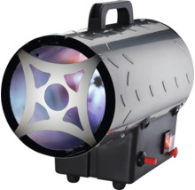 Tragbares Gasheizgebläse mit zylindrischem Metallgehäuse, schwarzem Sockel, Tragegriff und Frontgitter.