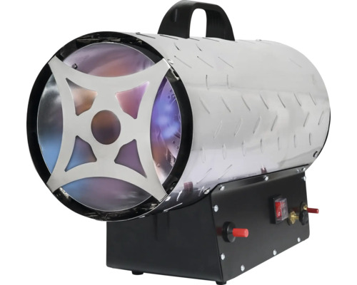 Gasgebläseheizgerät aus Edelstahl mit schwarzem Tragegriff und Standfuß inklusive Bedienelementen.