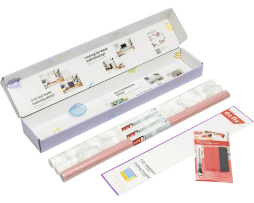 d-c-fix Möbel-Set mit Klebefolien in Marmor-Optik und Uni-Dekor inklusive Rakel, Cuttermesser und Falt-Schablone.