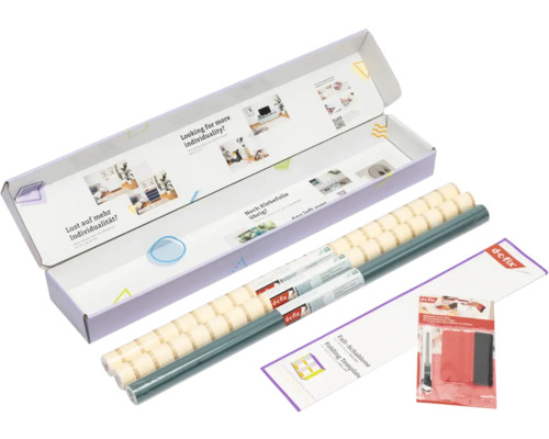 d-c-fix Klebefolien Set zur Möbelgestaltung inklusive zwei Rollen Designfolie in Grün und Beige, Rakel, Cutter und einer Faltschablone im Karton.
