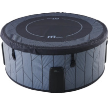 MSpa aufblasbarer Whirlpool rund mit geometrischem Muster, Abdeckung und MSpa Logo.