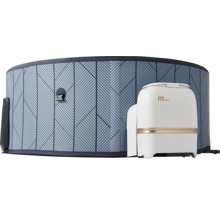 Aufblasbarer Whirlpool mit blauem geometrischem Muster und externer weißer Steuereinheit mit MSpa Logo.