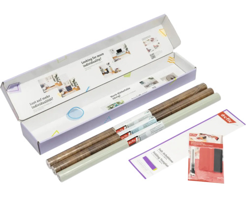 d-c-fix Klebefolie Set für Möbel mit zwei Rollen in Holzoptik, einer einfarbigen Rolle, Faltschablone und Verarbeitungsset mit Rakel und Cutter.