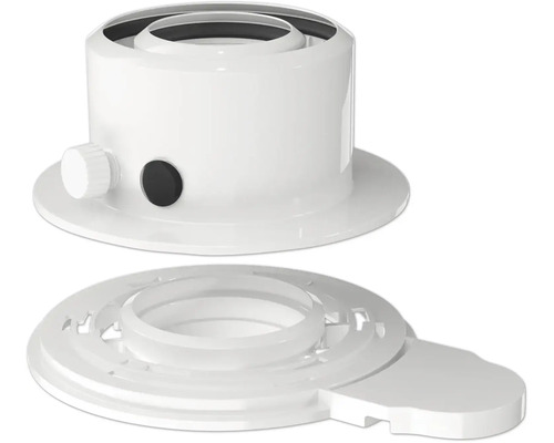 Zweiteiliger weißer Kunststoff-Adapter für Strahler und Deckenleuchten, bestehend aus einem Montagezylinder und einem Basisring.