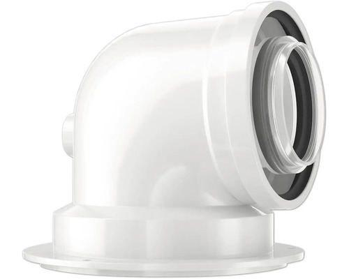 Weißer 90-Grad-Rohrbogen aus Kunststoff mit Dichtung.