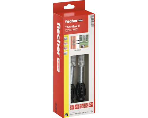 Fischer TherMax II 12/110 M12 Abstandsmontagesystem in der Verpackung für thermisch getrennte Befestigungen, zwei Stück, Fischer Logo.