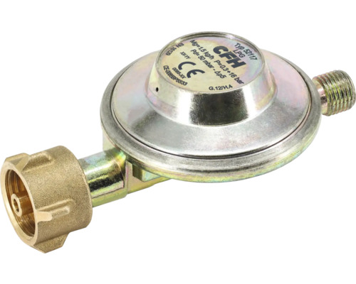 CFH Gasdruckregler für Flüssiggas mit 50 Millibar, Metallkonstruktion mit Schraubanschlüssen und europäischer Konformität.