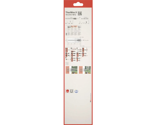 Rückseite der Fischer TherMax II 16/250 M12 Verpackung mit technischen Daten, Montageanleitung, Anwendungsbeispielen, Prüfsiegeln und fischer Logo.