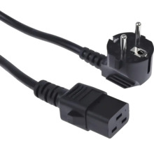 Schwarzes Netzkabel mit Schutzkontakt-Winkelstecker und C19 Kaltgerätebuchse.