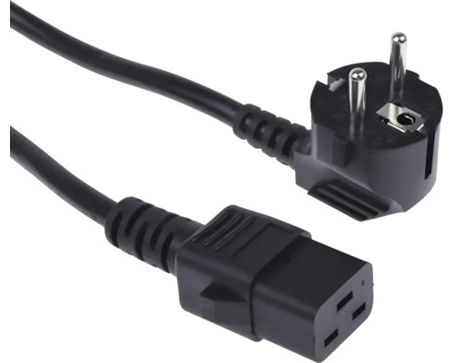 Schwarzes Netzkabel mit Schutzkontakt-Winkelstecker und C19 Kaltgerätebuchse.