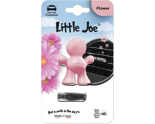 Pinkfarbener Little Joe Auto-Lufterfrischer Flower mit Duftfigur und Clip für Lüftungsschlitze, Wirkungsdauer circa 45 Tage.