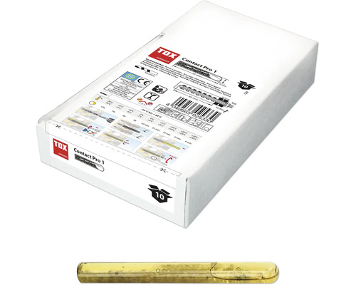TOX Contact Pro 1 Verbundanker, Packung mit 10 Stück und eine einzelne Harzkapsel. TOX Logo und Europäische Konformität.