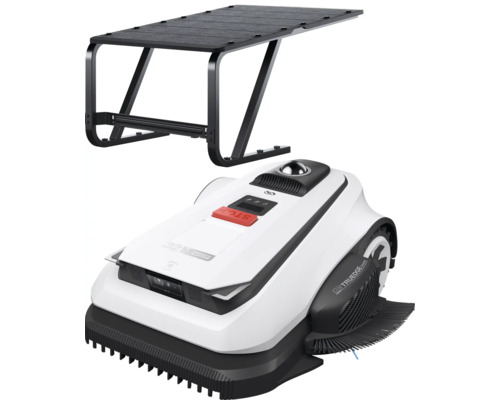 Mähroboter mit Garage, weißes Gehäuse, rote Stopptaste und schwarzes Dachgestell aus Metall und Holz.