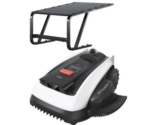 Mähroboter in Weiß und Schwarz inklusive Garage aus Metall und Kunststoff.