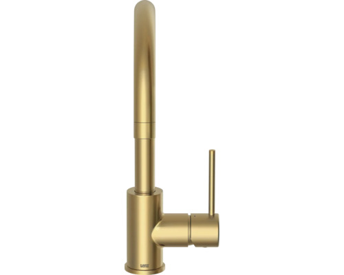 Lenz Küchenarmatur Einhebelmischer in Gold mit hohem rundem Auslauf und seitlichem Hebel.