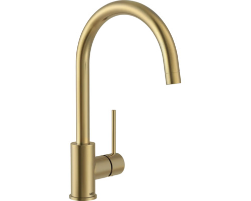 Einhebel-Küchenarmatur von Lenz in Gold-Optik gebürstet mit hohem C-Auslauf.
