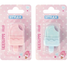 Zwei Stylex Radiergummis in Form von Eis am Stiel, rosa und blau, einzeln verpackt.