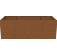 Rechteckiges Hochbeet aus Metall in Rostoptik.