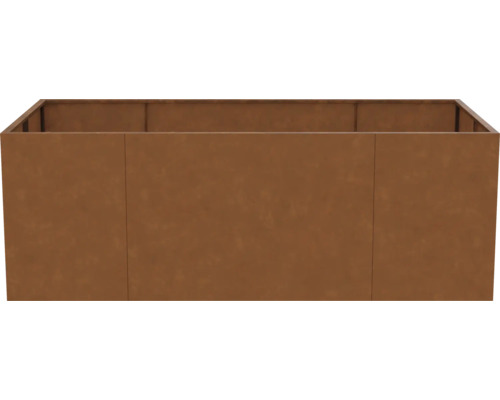 Rechteckiges Hochbeet aus Metall in Rostoptik.