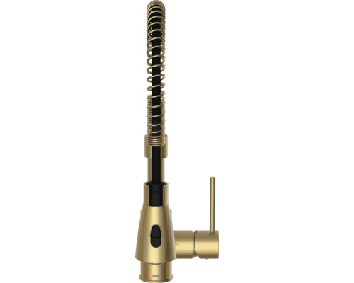 Lenz Küchenarmatur mit Profi-Spiralfeder, ausziehbarer Geschirrbrause und Einhebelmischer in Gold-Optik.