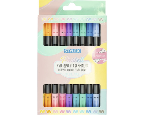 Stylex Zweispitzfasermaler in Pastelltönen, 10 Stück, doppelseitige Faserstifte mit zwei Spitzen.