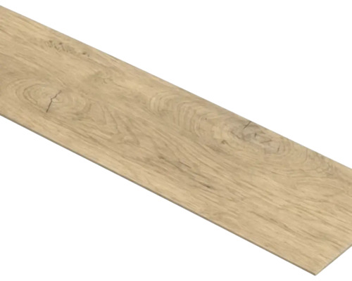 Einzelne Bodenplanke in Holzoptik mit sichtbarer Maserung und Astlöchern.