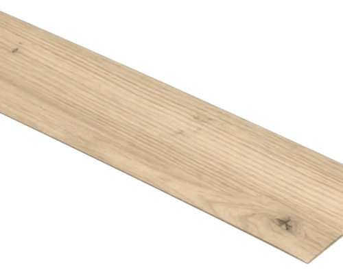 Bodenplanke in heller Eichenoptik mit sichtbarer Holzmaserung und Ästen.