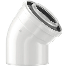 Bogen 45 Grad aus weißem Kunststoff mit Dichtung für Abgassysteme oder Lüftung.