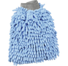 Mikrofaser-Waschhandschuh in Blau mit Chenille-Struktur und grauem elastischem Bund.