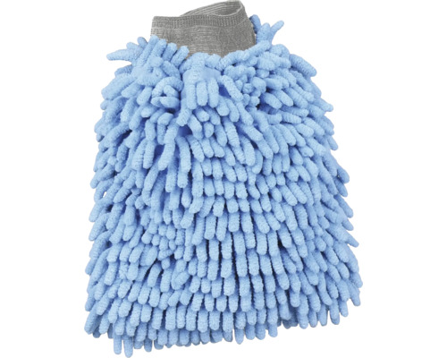 Mikrofaser-Waschhandschuh in Blau mit Chenille-Struktur und grauem elastischem Bund.
