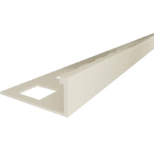 Beige Fliesenschiene in L-Form aus Kunststoff mit quadratisch gelochtem Befestigungsschenkel.