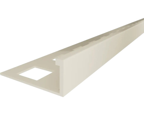 Beige Fliesenschiene in L-Form aus Kunststoff mit quadratisch gelochtem Befestigungsschenkel.