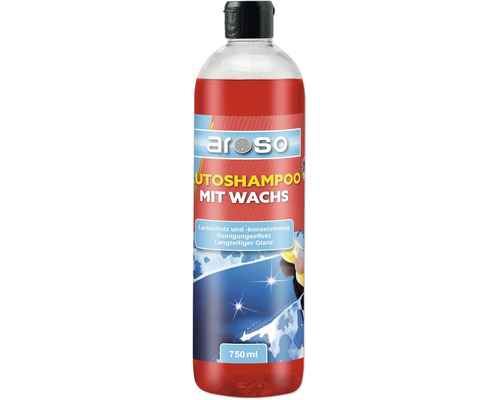 aroso Autoshampoo mit Wachs zur Lackreinigung, Konservierung und für Glanz, 750 Milliliter Flasche mit roter Flüssigkeit.