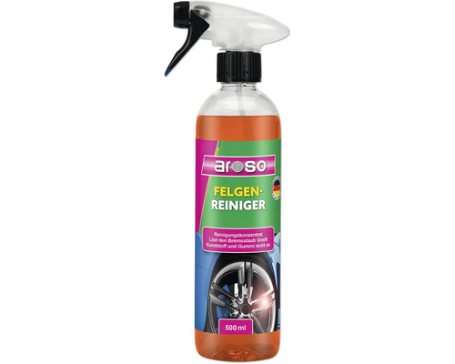 aroso Felgen-Reiniger, 500 Milliliter Sprühflasche mit oranger Flüssigkeit. Konzentrat gegen Bremsstaub. Deutsche Tradition seit 1973.