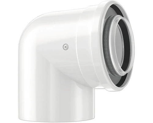 Abgasrohr Bogen 90 Grad konzentrisch aus weißem Kunststoff für Brennwertgeräte.