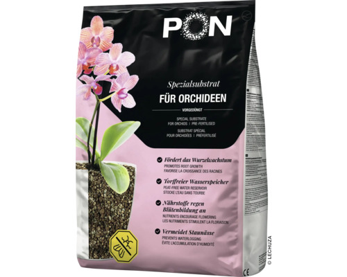 Lechuza-PON Spezialsubstrat für Orchideen, vorgedüngt, torffrei, fördert Wurzelwachstum und Blütenbildung, beugt Staunässe vor.