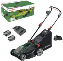 Bosch Akku-Rasenmäher Rotak 18V2-43 mit zwei 18 Volt Akkus, Ladegerät und Grasfangkorb inklusive Originalverpackung.