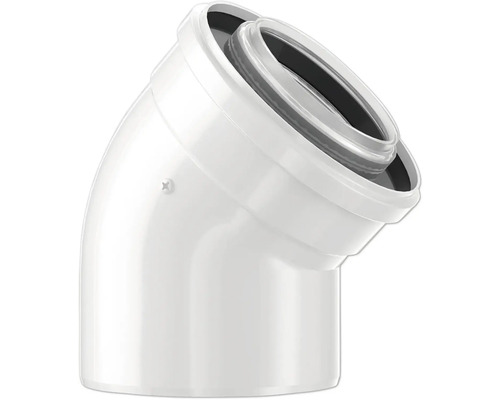 Konzentrischer Bogen 45 Grad für Abgassysteme aus Kunststoff und Metall in Weiß.