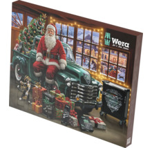Wera Adventskalender mit 24 Türchen, Motiv mit Weihnachtsmann auf grünem Pick-up, Werkzeugwagen und Geschenken.