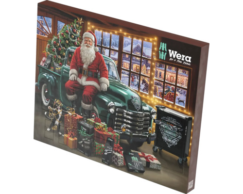 Wera Adventskalender mit 24 Türchen, Motiv mit Weihnachtsmann auf grünem Pick-up, Werkzeugwagen und Geschenken.