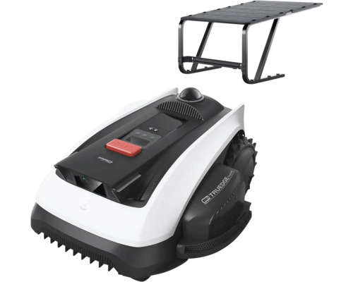 Mähroboter mit Garage in Schwarz und Weiß, mit rotem Stopp Knopf und Geländereifen.